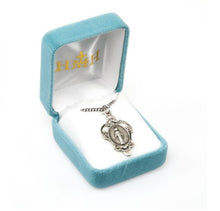 Load image into Gallery viewer, Blessed Mother Mary with rays coming out of her extended hands, crushing a serpent under her feet.