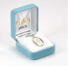 Load image into Gallery viewer, Track medal with Saint Christopher on the opposite side of the oval pendant.