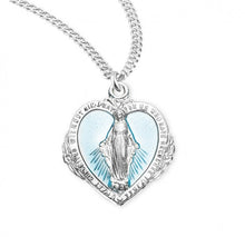 Load image into Gallery viewer, Sterling Silver Blue Enameled Heart Shaped Miraculous Medal