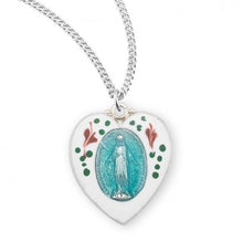 Load image into Gallery viewer, Sterling Silver Flower Enameled Heart Shaped Miraculous Medal