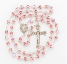 Load image into Gallery viewer, Pink Swarovski Crystal Sterling Silver Miraculous Medal Center Rosary Double Capped