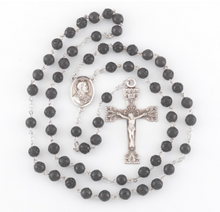 Load image into Gallery viewer, Sacred Heart of Jesus Black Carved Genuine Cocoa Bead Sterling Silver Rosary