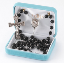 Load image into Gallery viewer, Sacred Heart of Jesus Black Carved Genuine Cocoa Bead Sterling Silver Rosary