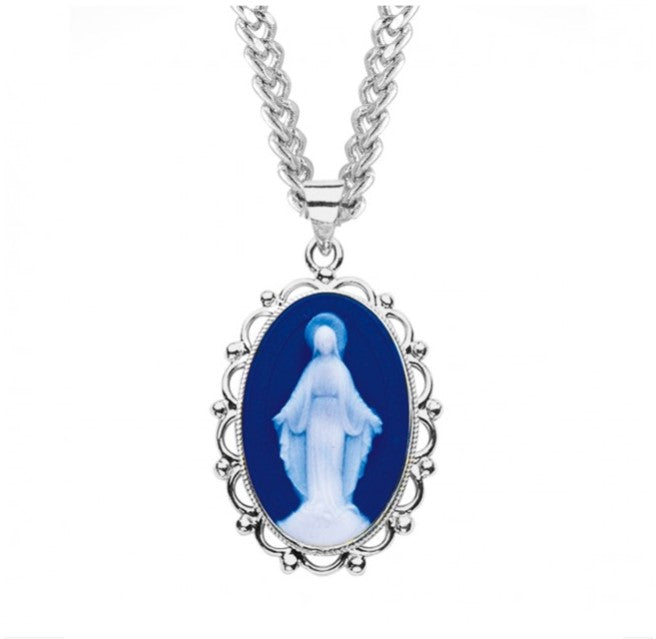 Dark Blue Sterling Silver Cameo Miraculous Medal