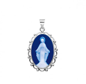 Dark Blue Sterling Silver Cameo Madonna Miraculous Medal