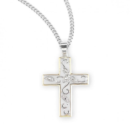 Crystal Cubic Zircon Sterling Silver Two Tone Vine Cross