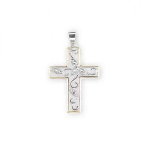 Crystal Cubic Zircon Sterling Silver Two Tone Vine Cross