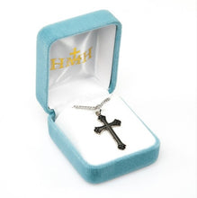 Load image into Gallery viewer, Swirl tip black enameled cross pendant.
