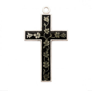 Black Floral Enameled Sterling Silver Cross