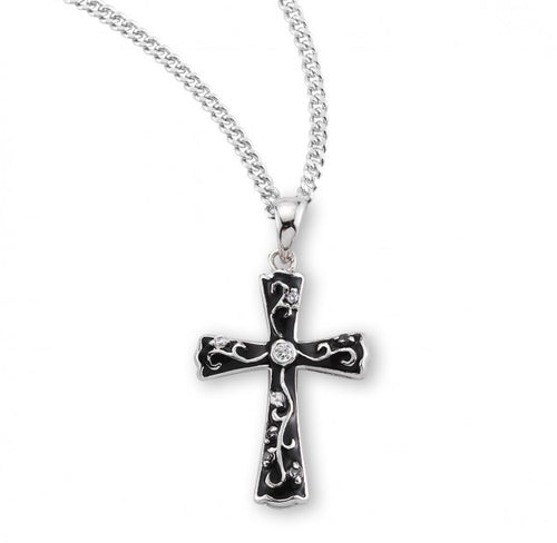 Black Enameled Sterling Silver Cross with Crystal Zirconia