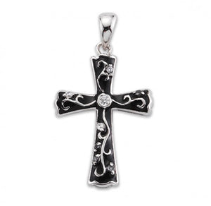 Black Enameled Sterling Silver Cross with Crystal Zirconia