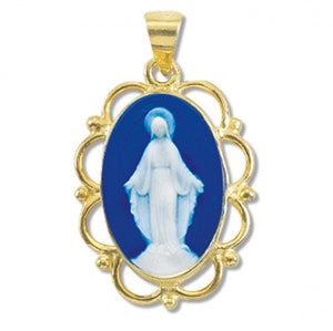 Dark Blue Gold Over Sterling Silver Capodimonte Cameo Miraculous Medal