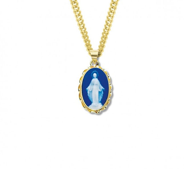 Dark Blue Gold Over Sterling Silver Cameo Miraculous Medal