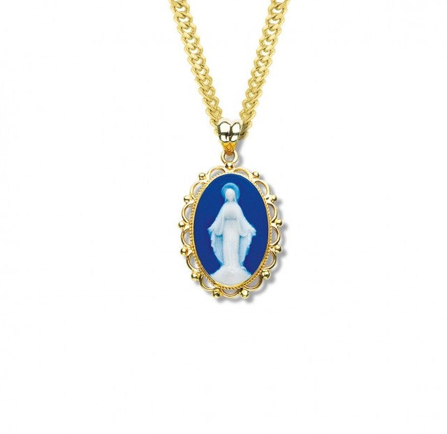 Dark Blue Gold Over Sterling Silver Cameo Miraculous Medal