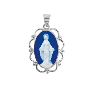 Madonna Miraculous Medal Dark Blue Capodimonte Sterling Silver Cameo