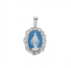 Virgin Mary Light Blue Oval Sterling Silver Cameo Miraculous Medal