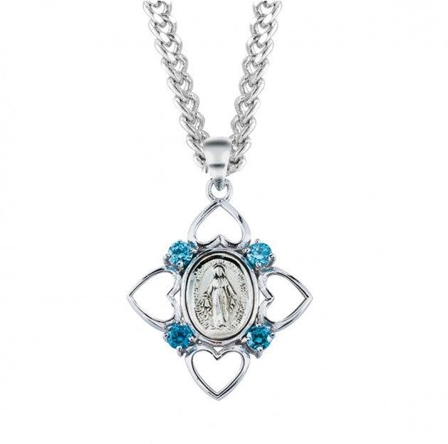 Sterling Silver Aqua Cubic Zirconia Miraculous Medal