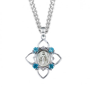 Sterling Silver Aqua Cubic Zirconia Miraculous Medal