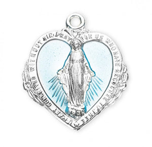 Sterling Silver Blue Enameled Heart Shaped Miraculous Medal