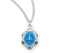 Load image into Gallery viewer, Sterling Silver Blue Enameled Oval Fancy Edge Miraculous Medal
