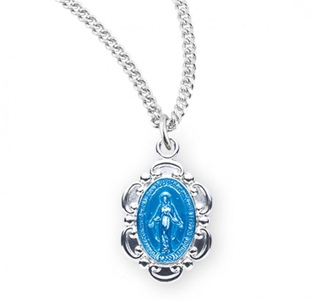 Sterling Silver Blue Enameled Oval Fancy Edge Miraculous Medal