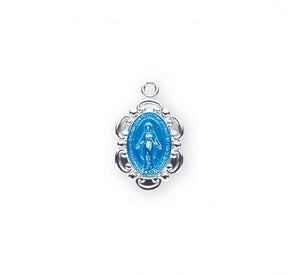 Sterling Silver Blue Enameled Oval Fancy Edge Miraculous Medal