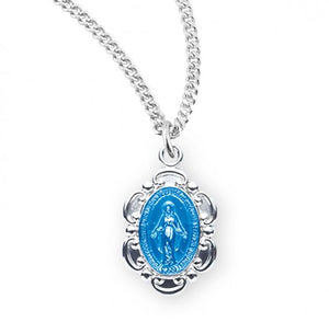 Sterling Silver Blue Enameled Oval Fancy Edge Miraculous Medal