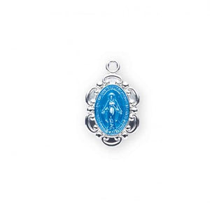 Sterling Silver Blue Enameled Oval Fancy Edge Miraculous Medal