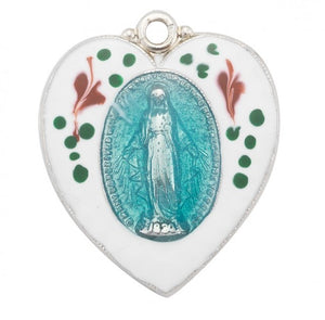 Sterling Silver Flower Enameled Heart Shaped Miraculous Medal