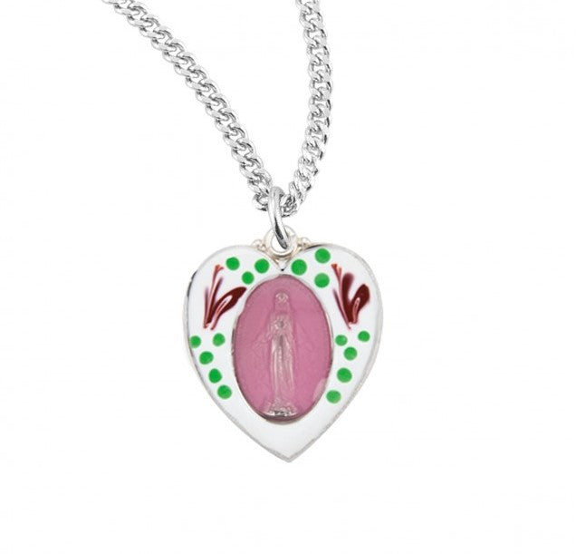 Sterling Silver Flower Enameled Heart Shaped Miraculous Medal