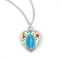 Load image into Gallery viewer, Sterling Silver Flower Enameled Heart Shaped Miraculous Medal
