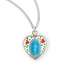 Sterling Silver Flower Enameled Heart Shaped Miraculous Medal