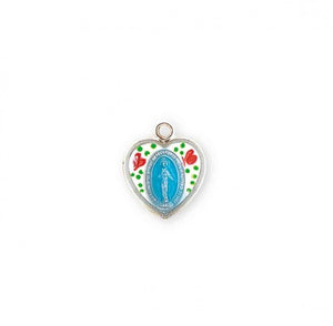 Sterling Silver Flower Enameled Heart Shaped Miraculous Medal