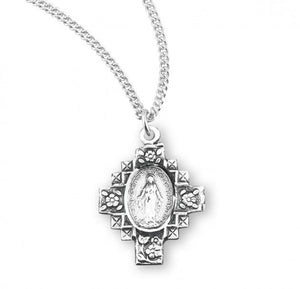 Sterling Silver Flowered Cross Miraculous Medal