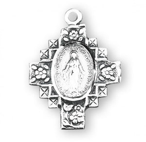 Sterling Silver Flowered Cross Miraculous Medal