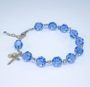 Finest Austrian Crystal Light Sapphire Round Shaped Sterling Silver Rosary Bracelet 10mm