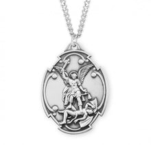 Load image into Gallery viewer, Sterling Silver Saint Michael Archangel in Styled Cross Shield Medal
