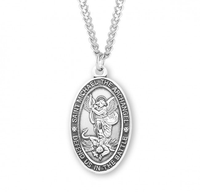 Saint Michael Oval Sterling Silver Protection Medal 24 Inch Chain