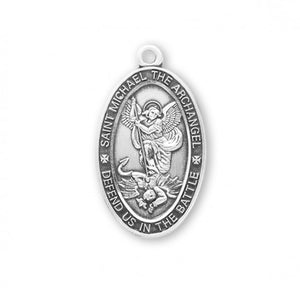 Saint Michael Oval Sterling Silver Protection Medal 24 Inch Chain