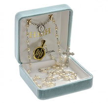 Load image into Gallery viewer, Faux Pearl Rosary With Sterling Silver Miraculous Center and Sterling Crucifix
