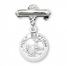 Load image into Gallery viewer, Baby Holy Baptism Round Sterling Silver Medal on a Bar Pin
