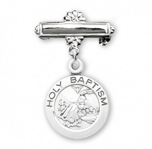 Baby Holy Baptism Round Sterling Silver Medal on a Bar Pin