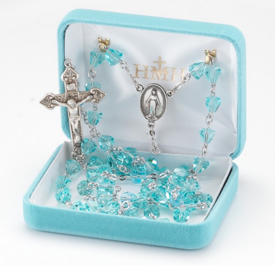 Aqua Sterling Silver Crystal Rosary Miraculous Medal Center 