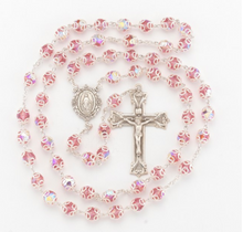 Load image into Gallery viewer, Pink Swarovski Crystal Sterling Silver Miraculous Medal Center Rosary Double Capped
