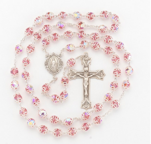 Pink Swarovski Crystal Sterling Silver Miraculous Medal Center Rosary Double Capped