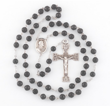 Load image into Gallery viewer, Sacred Heart of Jesus Black Carved Genuine Cocoa Bead Sterling Silver Rosary
