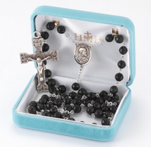 Load image into Gallery viewer, Sacred Heart of Jesus Black Carved Genuine Cocoa Bead Sterling Silver Rosary
