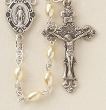 Load image into Gallery viewer, Faux Pearl Rosary With Sterling Silver Miraculous Center and Sterling Crucifix
