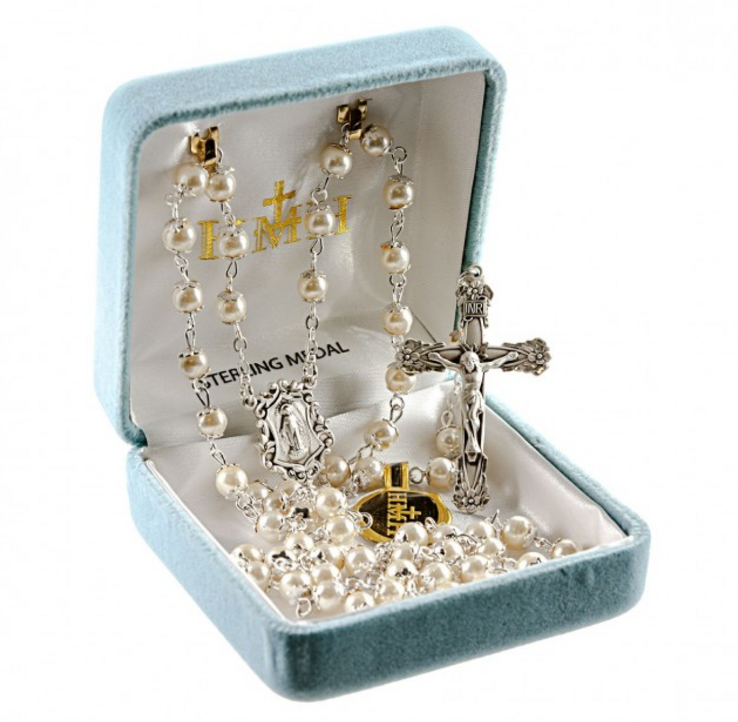 Miraculous Medal White Imitation Pearl Capped Rosary With Sterling Center and Crucifix