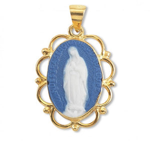 Dark Blue Gold Over Sterling Silver Our Lady of Guadalupe Cameo Medal